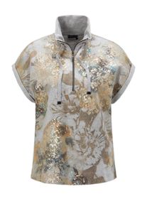 Kurzarmshirt GOLDNER "Kurzgr&ouml;&szlig;e Baumwollsweater mit Metallic-Muster", Damen, Gr. 25, grau (graumelange, gemustert), Obermaterial: 50% Baumwolle CO. 50% Polyester PES., gerade, Krempel, Shirts Kurzarmshirt, Metallisches Garn