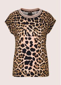 Madeleine Mode Kurzarmshirt MADELEINE "Shirt Kurzarm Shirt mit Leo-Print", Damen, Gr. 48, beige (beige, schwarz, multicolor), Obermaterial: 95% Viskose CV. 5% Elasthan EL., Modern, Shirts Kurzarmshirt, Geringelte Blende