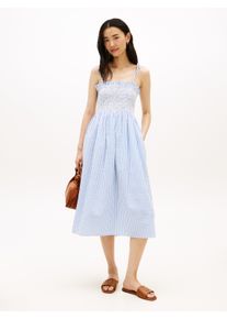 Sommerkleid Tommy Hilfiger "SWIMSHOP SEERSUCKER SMOCKED DRS", Damen, Gr. XS (34), N-Gr, thin banker stp blau spell, wei&szlig;, Web, Obermaterial: 100% Baumwolle, gestreift, A-Linie Midi, Kleider Sommerkleid, mit schmalen Tr&auml;gern zum Binden, Midi-L&auml;nge