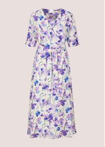 Madeleine Mode Midikleid MADELEINE "Wickelkleid Druckkleid mit floralem Print", Damen, Gr. 46, N-Gr, lila (hellamethyst, multicolor), Obermaterial: 100% Polyester PES., Modern, figurumspielend, V-Ausschnitt, Kleider Midikleid, Kleid in Wickelform und Bindeband, weiter Rockform und R&uuml;ckenteil mit Passse