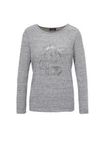 Kurzarmshirt GOLDNER "Kurzgr&ouml;&szlig;e Jerseyshirt mit grafischem Motiv", Damen, Gr. 20, grau (silbergrau, melange), Obermaterial: 95% Polyester PES. 5% Elasthan EL., U-Boot-Ausschnitt, Gerade, Shirts Kurzarmshirt, Applikationen