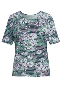 Print-Shirt GOLDNER "Kurzgr&ouml;&szlig;e Streifenshirt mit Blumenmotiv", Damen, Gr. 25, blau (dunkelmarine, mint, gemustert), Obermaterial: 50% Viskose CV. 45% Polyester PES. 5% Elasthan EL., Tubular, Shirts Print-Shirt, Vielseitig kombinierbar
