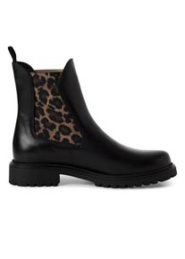 Tamaris Damen Schwarze Leoparden-Leder-Klassiker-High-Chelsea-Ankle-Boots