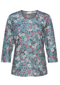 Print-Shirt GOLDNER "Kurzgr&ouml;&szlig;e Printshirt mit Blumenmuster", Damen, Gr. 24, blau (hellblau, bunt), Obermaterial: 95% Polyester PES. 5% Elasthan EL., normal, Rundhals, Sonstiges, Shirts Print-Shirt, Ohne