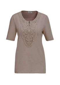 Kurzarmshirt GOLDNER "Elegantes Jerseyshirt mit Rundhals", Damen, Gr. 44, braun (mocca), Obermaterial: 92% Baumwolle CO. 8% Elasthan EL., Tubular, Shirts Kurzarmshirt, Effektvolle H&auml;kelspitze