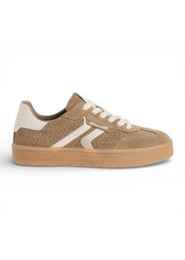 Tamaris Damen-Sneaker aus taupefarbenem Leder mit wei&szlig;en Streifen