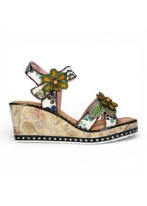 Laura Vita Damen Ballon 08 Beige Espadrille-Sandalen aus Leder mit Keilabsatz und Blumenmuster