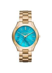 Michael Kors MK3492 Slim Runway 42mm Goldfarbene Edelstahl Damenarmbanduhr mit blauen Zifferblatt