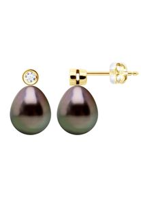 Ohrringe Prestige &ndash; Diamanten 0,02 ct &ndash; Gelbgold &ndash; echte Tahiti-Zuchtperlen, Birne 9&ndash;10 mm