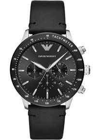 Diese Emporio Armani Mario Chronograph Uhr f&uuml;r Herren ist das perfekte Accessoire zum tragen oder verschenken. Ihr Silber 43 mm Rund Geh&auml;use kombiniert mit dem bequemen Schwarz Armband aus Leder garantiert, dass Sie diese atemberaubende Uhr kompromisslos genie&szlig;en werden. Angetrieben von einem hochwertigen Quarz Uhrwerk und wasserdicht bis 3 bars, l&auml;uft Ihre Uhr stets weiter. Diese klassische uhr g