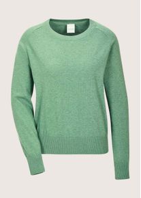 Madeleine Mode Longpullover MADELEINE "Feinstrickpullover Basic-Pullover mit Rundhals", Damen, Gr. 44/46, gr&uuml;n (hellsalbeigr&uuml;n), Obermaterial: 95% Baumwolle CO. 5% Kaschmir WS., Modern, figurumspielend, Pullover Longpullover, &Auml;rmel mit Sattel