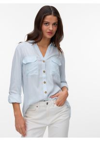 V&eacute;ro Moda Hemdbluse VERO MODA "VMBUMPY L/S SHIRT NEW WVN GA NOOS", Damen, Gr. XL, grau (gray mist stripes:snow wei&szlig;), Web, Obermaterial: 100% Viskose, gestreift, regular fit Po-bedeckend, V-Ausschnitt, mit Riegel Manschette, Blusen Hemdbluse, Viskose, regular fit