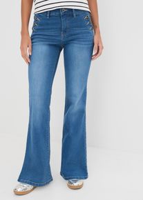 bonprix Flared-Jeans Mid Waist Bio-Baumwolle, blau, Gr.44, Schlagjeans mit dekorativen Kn&ouml;pfen, 98% Baumwolle (organic)
