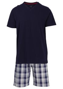 Shorty Bugatti "Genua", Herren, Gr. 54, blau (blau, dunkel, karo), Single Jersey, Obermaterial: 100% Baumwolle, kariert, unifarben, schmal kurz, V-Ausschnitt, Homewear-Sets Shorty, V-Ausschnitt, Kurzarm, kurze Hose, weich, bequem