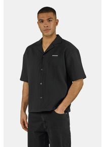 Kurzarmhemd Pegador "TROY PLISSEE SUMMER SHIRT", Damen, Gr. S, N-Gr, schwarz, Web, Obermaterial: 93% Polyester, 7% Elasthan, unifarben, regular fit normal, V-Ausschnitt, gerader Abschluss, Hemden Kurzarmhemd, Baumwollmischung, regular fit