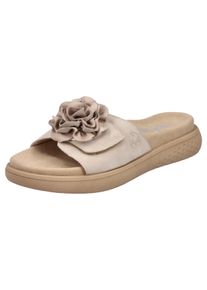 Pantolette Rieker, Damen, Gr. 39, beige (hellbeige), Nubuklederimitat, Textil, unifarben, Schuhe Pantolette, Sommerschuh, Hausschuh, Strandschuh mit bequemem Fu&szlig;bett
