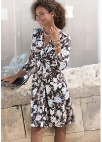 Druckkleid Lascana, Damen, Gr. 44, N-Gr, bunt (schwarz, braun, blau bedruckt), Jersey, Obermaterial: 95% Polyester, 5% Elasthan, bedruckt, figurbetont kniefrei, V-Ausschnitt, gerader Abschluss, Kleider Druckkleid, aus b&uuml;gelfreier Ware, Topseller