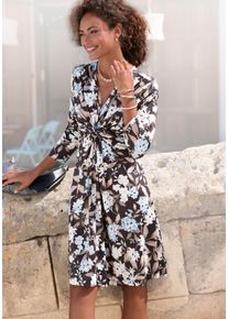 Druckkleid Lascana, Damen, Gr. 46, N-Gr, bunt (schwarz, braun, blau bedruckt), Jersey, Obermaterial: 95% Polyester, 5% Elasthan, bedruckt, figurbetont kniefrei, V-Ausschnitt, gerader Abschluss, Kleider Druckkleid, aus b&uuml;gelfreier Ware, Topseller