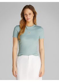 T-Shirt Calvin Klein Jeans "WOVEN LABEL RIB FITTED TEE", Damen, Gr. S (36), blau (cloud blau), Rippware, Obermaterial: 94% Baumwolle, 6% Elasthan, unifarben, figurbetont h&uuml;ftlang, Rundhals, abgesteppt, Shirts T-Shirt, mit Logo