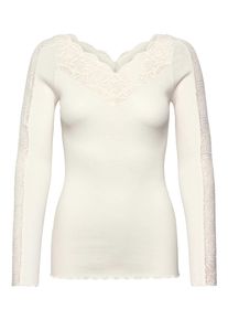 Spitzenshirt rosemunde "Beatha lace longsleeve mit Seide", Damen, Gr. XS, wollwei&szlig;, Rippstrick, Obermaterial: 55% Seide, 45% Baumwolle, figurbetont h&uuml;ftlang, V-Ausschnitt, Shirts Spitzenshirt, elastisch weiche Vintage-Spitze am Ausschnitt und entlang der &Auml;rmel