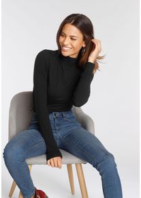 Rollkragenshirt Tamaris, Damen, Gr. 44, schwarz (eco schwarz), Jersey, Obermaterial: 95% Viskose, 5% Elasthan, Basic, figurbetont h&uuml;ftlang, Shirts Rollkragenshirt, Langarm, Basic, aus elastischem Material