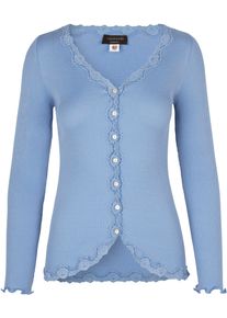 Strickjacke rosemunde "Babette Silk Cardigan mit Seide", Herren, Gr. L, blau (himmelblau), Feinripp, Obermaterial: 70% Seide, 30% Baumwolle, h&uuml;ftlang, V-Ausschnitt, gewellter Abschluss, Strickjacken Strickjacke, Vintage-Spitzenbesatz, Perlmuttknopfleiste, Langarm, Seidenmix