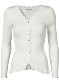 Strickjacke rosemunde "Babette Silk Cardigan mit Seide", Damen, Gr. XL, wei&szlig; (new wei&szlig;), Feinripp, Obermaterial: 70% Seide, 30% Baumwolle, unifarben, h&uuml;ftlang, V-Ausschnitt, gewellter Abschluss, Strickjacken Strickjacke, Vintage-Spitzenbesatz, Perlmuttknopfleiste, Langarm, Seidenmix