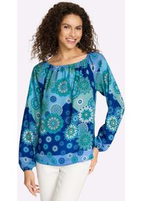 Langarmbluse Heine, Damen, Gr. 40, royalblau, gr&uuml;n, bedruckt, 100% Polyester, bedruckt, gebl&uuml;mt, gemustert, mehrfarbig, Rundhals, Blusen Langarmbluse