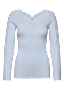 Spitzenshirt rosemunde "Beatha lace longsleeve mit Seide", Damen, Gr. L, jeansblau, Rippstrick, Obermaterial: 55% Seide, 45% Baumwolle, figurbetont h&uuml;ftlang, V-Ausschnitt, Shirts Spitzenshirt, elastisch weiche Vintage-Spitze am Ausschnitt und entlang der &Auml;rmel