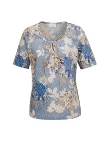 Print-Shirt GOLDNER "Kurzgr&ouml;&szlig;e Druckshirt mit Perlen", Damen, Gr. 25, blau (kitt, blau), Obermaterial: 65% Polyester PES. 35% Baumwolle CO., Tubular, Shirts Print-Shirt, mit wundersch&ouml;nen Perlen am Ausschnitt