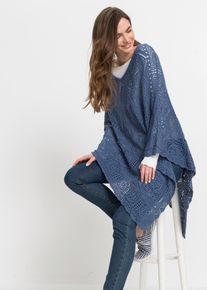 Strickponcho bonprix "Poncho", Herren, blau (jeansblau), Obermaterial: 50% Baumwolle, 50% Polyacryl, figurumspielend, Pullover Strickponcho, aus Baumwolle und Polyacryl, Figurumspielende Passform