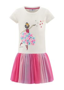 Sommerkleid happy girls, M&auml;dchen, Gr. 146, N-Gr, ecru, Jersey, Obermaterial: 95% Baumwolle, 5% Elasthan. Futter: 100% Polyester. Unterteil: 100% Polyester, bedruckt, Basic knieumspielend, Rundhals, Kleider Sommerkleid, mit angesetztem T&uuml;llrock und hochwertigem Frontmotiv