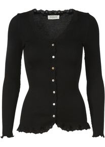 Strickjacke rosemunde "Babette Silk Cardigan mit Seide", Damen, Gr. L, schwarz, Feinripp, Obermaterial: 70% Seide, 30% Baumwolle, unifarben, h&uuml;ftlang, V-Ausschnitt, gewellter Abschluss, Strickjacken Strickjacke, Vintage-Spitzenbesatz, Perlmuttknopfleiste, Langarm, Seidenmix