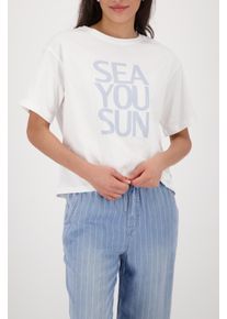 T-Shirt monari "Shirt Druck platziert", Damen, Gr. 46, ecru, Web, Obermaterial: 100% Baumwolle, unifarben, regular fit taillenbedeckt, Rundhals, eingesetzt abgesteppte Kante, Shirts T-Shirt, Regular fit mit Schriftzug