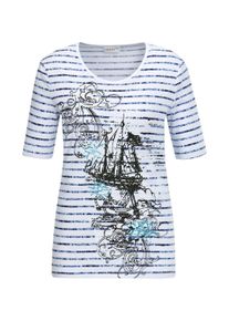 Print-Shirt GOLDNER "Kurzgr&ouml;&szlig;e Ringelshirt mit aufregendem Motiv", Damen, Gr. 24, wei&szlig; (wei&szlig;, marine), Obermaterial: 95% Baumwolle CO. 5% Elasthan EL., normal, Rundhals, Sonstiges, Shirts Print-Shirt, Ohne