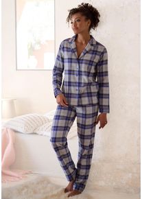 Pyjama Vivance Dreams, Damen, Gr. 40, blau, Flanell, Obermaterial: 100% Baumwolle, kariert, mehrfarbig, klassisch lang, V-Ausschnitt, Homewear-Sets Pyjama, aus kuschelig weichem Flanell