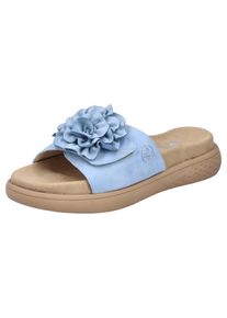 Pantolette Rieker, Damen, Gr. 36, blau (hellblau), Nubuklederimitat, Textil, unifarben, Schuhe Pantolette, Sommerschuh, Hausschuh, Strandschuh mit bequemem Fu&szlig;bett