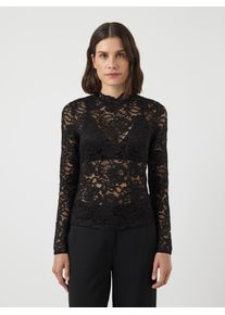 Langarmshirt Y.A.S "YASLACEY LS LACE TOP S. NOOS", Damen, Gr. L, schwarz, Jersey, Obermaterial: 95% Nylon, 5% Elasthan, unifarben, slim fit normal, hoch geschlossener Ausschnitt, Shirts Langarmshirt, Materialmix, slim fit