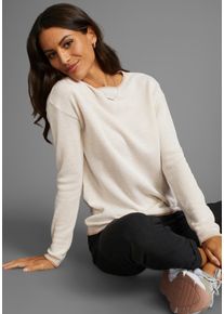 Rundhalspullover Laura Scott, Damen, Gr. 48/50, beige (sand), Strick, Obermaterial: 50% Baumwolle, 50% Polyacryl, Strukturmuster, Basic, figurumspielend h&uuml;ftlang, Rundhals, Rollkanten, Pullover Rundhalspullover, leichter Feinstrick mit Waffelmuster, Topseller