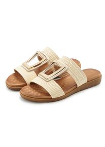 Pantolette Vivance "Sandale, Sommerschuh, offener Schuh, Mule", Damen, Gr. 42, beige, goldfarben, Obermaterial: 100% Textilmaterial. Decksohle: 100% Lederimitat. Futter: 100% Lederimitat. Laufsohle: 100% Synthetik, mehrfarbig, unifarben, Basic, Schuhe Pantolette, NEU mit modischem Schmuckelement und softer Innensohle VEGAN
