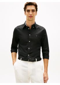 Langarmhemd Tommy Hilfiger "LINEN BLEND SOLID BTD", Damen, Gr. S, N-Gr, schwarz, Web, Obermaterial: 52% Baumwolle, 48% Leinen, regular fit normal, Manschette, Hemden Langarmhemd, regular fit, Button-down-Kragen