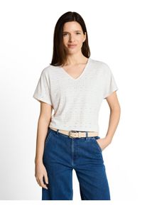 V-Shirt Tom Tailor, Damen, Gr. XL, whisper wei&szlig;, Single Jersey, Obermaterial: 95% Polyester, 5% Elasthan, unifarben, normal h&uuml;ftbedeckend, V-Ausschnitt, Shirts V-Shirt, im Loch/H&auml;kel-Design