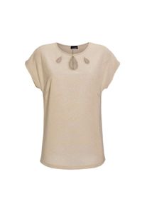Kurzarmshirt GOLDNER "Elegantes Shirt mit feinen Glanzgarnen", Damen, Gr. 44, beige (sand), Obermaterial: 45% Polyester PES. 25% Viskose CV. 25% metallisierte Fasern MTF. 5% Elasthan EL., figurumspielend, Sonstiges, Shirts Kurzarmshirt, mit kleinen Cutouts am Ausschnitt