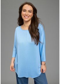 3/4 Arm-Pullover LAURA SCOTT CURVE, Damen, Gr. 56/58, blau, Strick, Obermaterial: 50% Polyester, 45% Viskose, 5% Elasthan, unifarben, oversize h&uuml;ftbedeckend, U-Boot-Ausschnitt, Strickkante, Pullover 3/4 Arm-Pullover, leichter &Uuml;bergangsstrick mit figurschmeichelnder Passform