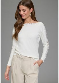 Strickpullover Laura Scott, Damen, Gr. 48, wei&szlig;, Feinstrick, Obermaterial: 50% Viskose, 26% Polyamid, 24% Polyester, unifarben, figurumspielend h&uuml;ftlang, U-Boot-Ausschnitt, mit &Auml;rmeleinsatz Rippb&uuml;ndchen, Pullover Strickpullover, leichter &Uuml;bergangspullover mit femininem Spitzeneinsatz