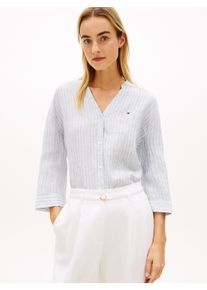 Shirtbluse Tommy Hilfiger "ESS LINEN COLLARLESS SHIRT", Damen, Gr. XL (46), chalk stp ecru blau orbit, Web, Obermaterial: 100% Leinen, gestreift, gerade normal, V-Ausschnitt, Blusen Shirtbluse, mit Logo-Stickerei