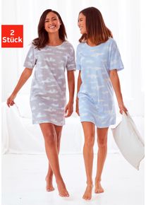 Sleepshirt Vivance Dreams, Damen, Gr. 44/46, N-Gr, blau (hellblau, wei&szlig;, gemustert), Single Jersey, Obermaterial: 95% Baumwolle, 5% Elasthan, Basic, bequem kurz, Rundhals, abgesteppt, Kleider Sleepshirt, mit Wolkenmotiv