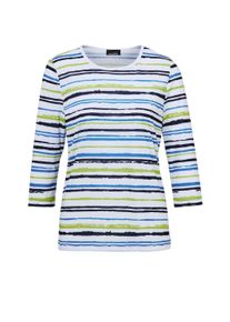 3/4-Arm-Shirt GOLDNER "Pflegeleichtes Shirt in Ringeloptik", Damen, Gr. 48, blau (marine, hellgr&uuml;n, blau, geringelt), Obermaterial: 62% Polyester PES. 33% Viskose CV. 5% Elasthan EL., normales B&uuml;ndchen, Shirts 3/4-Arm-Shirt, Ohne