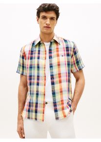 Kurzarmhemd Tommy Hilfiger "LINEN BLEND CHECK PLAID", Herren, Gr. XXL, N-Gr, brilliant orange, check, Web, Obermaterial: 52% Baumwolle, 48% Leinen, regular fit normal, Hemden Kurzarmhemd, regular fit, Button-down-Kragen