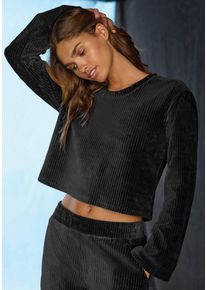 Langarmshirt Buffalo, Damen, Gr. 32/34, schwarz, Cord, Obermaterial: 62% Baumwolle, 36% Polyester, 2% Elasthan, unifarben, bequem, Rundhals, Trompeten&auml;rmel, Shirts Langarmshirt, mit weicher Cord-Struktur